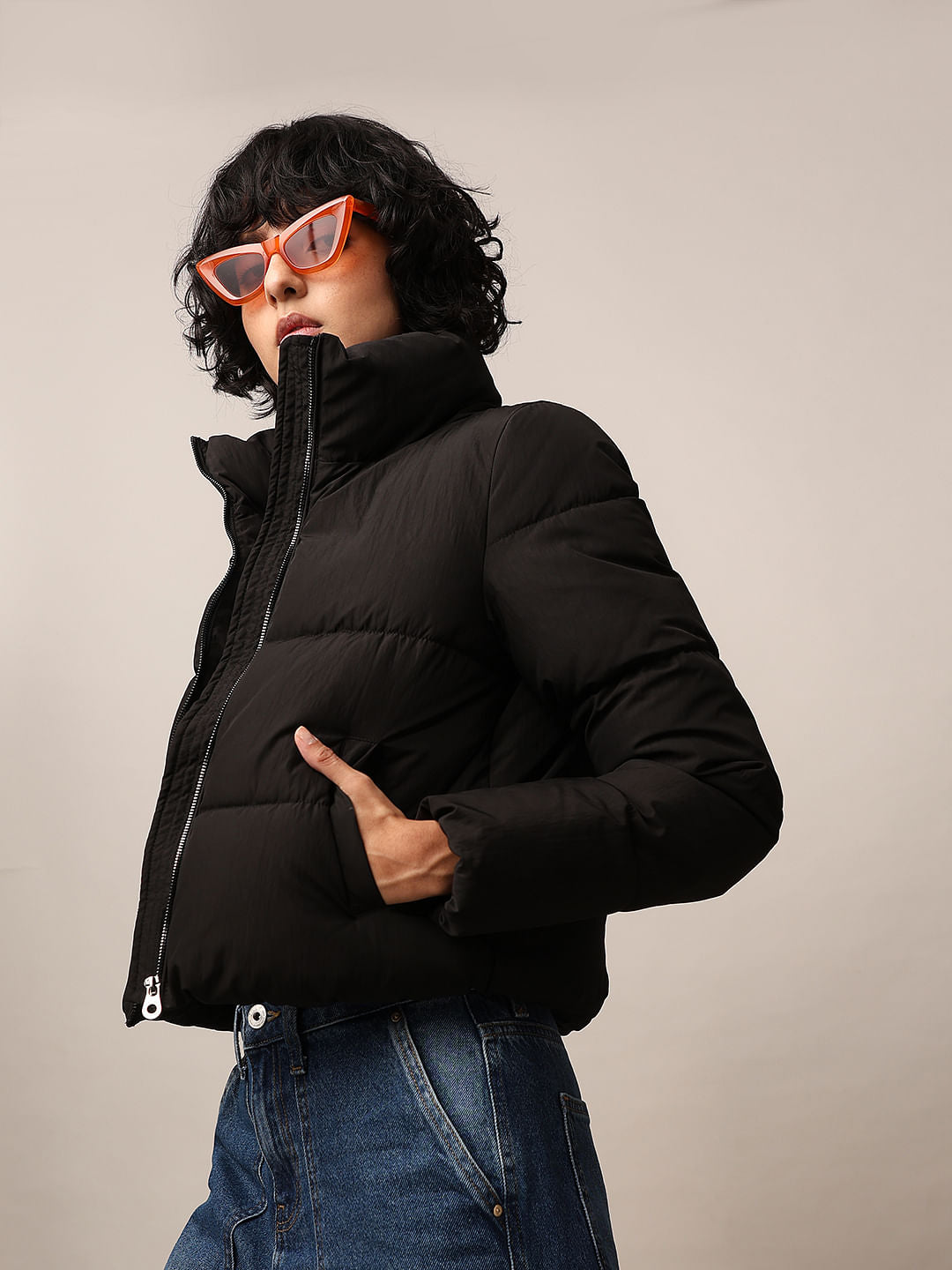 Black Short Hooded Puffer Jacket - Main Image