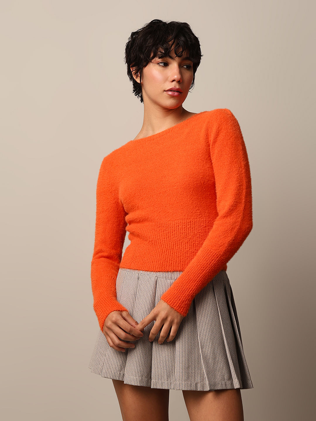 Orange Fuzzy Boat Neck Pullover