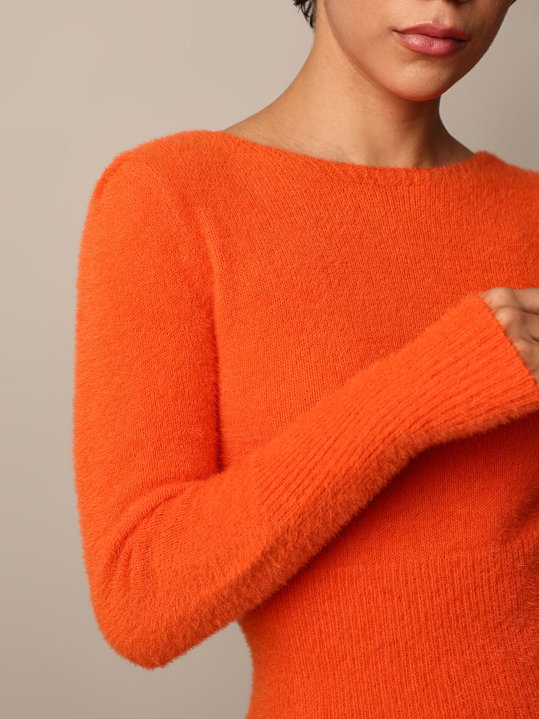 Orange Fuzzy Boat Neck Pullover