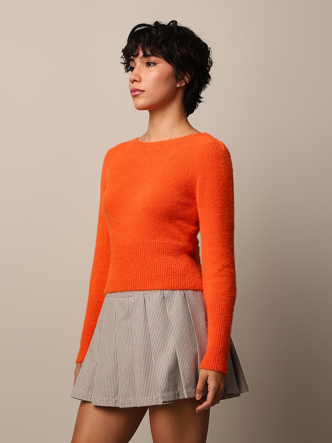 Orange Fuzzy Boat Neck Pullover