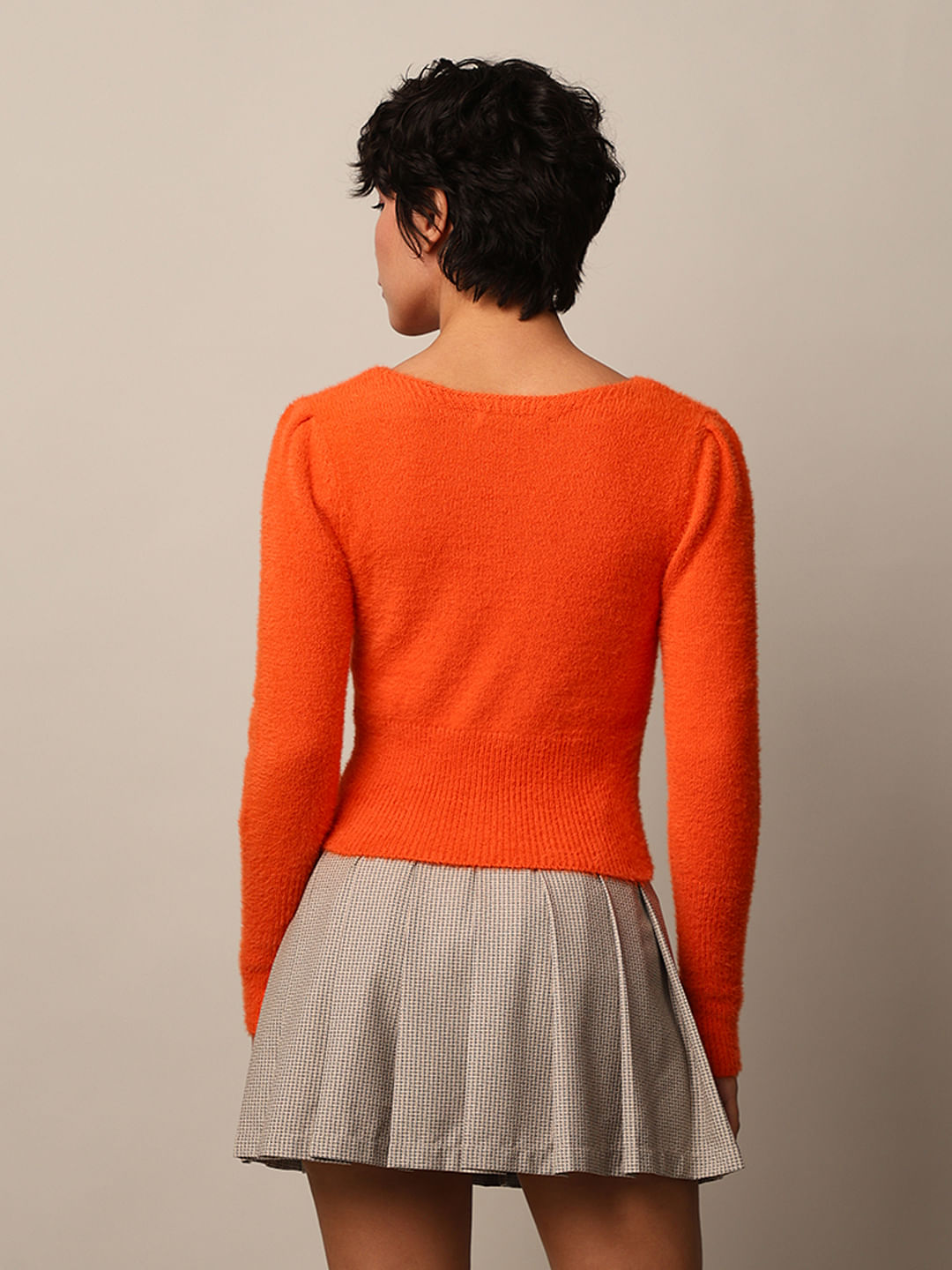Orange Fuzzy Boat Neck Pullover