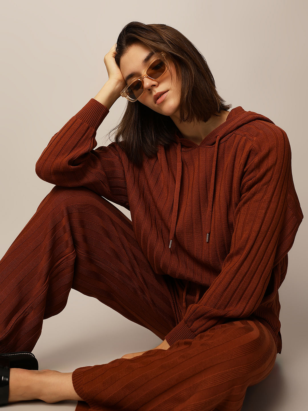 Brown Rib-Knit Co-Ord Set Pullover