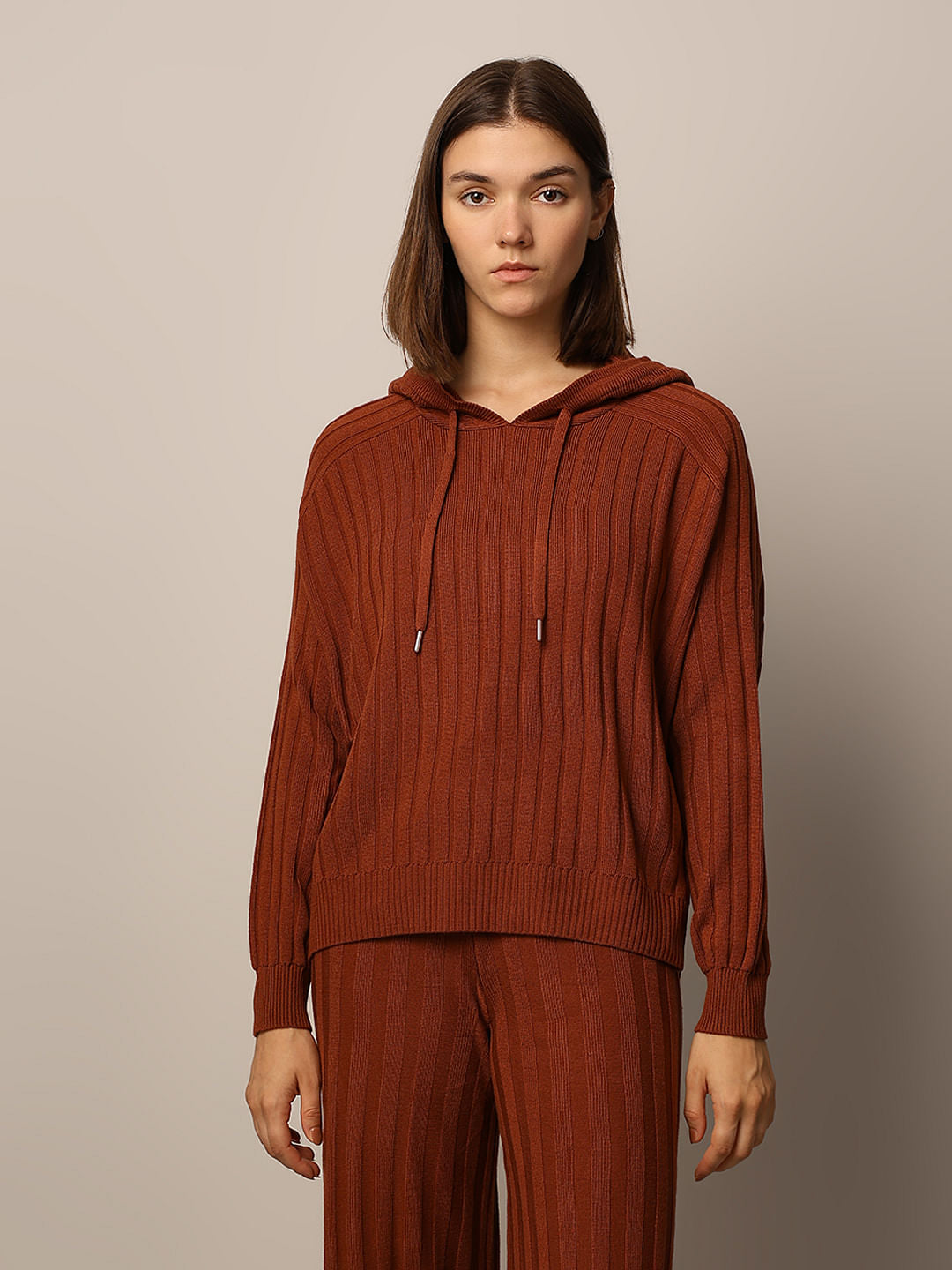 Brown Rib-Knit Co-Ord Set Pullover