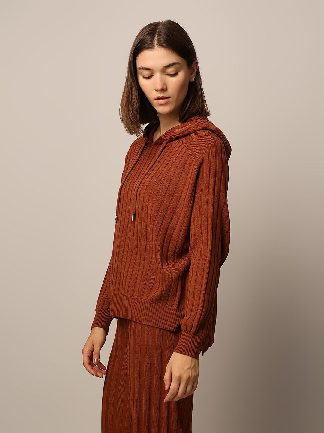 Brown Rib-Knit Co-Ord Set Pullover