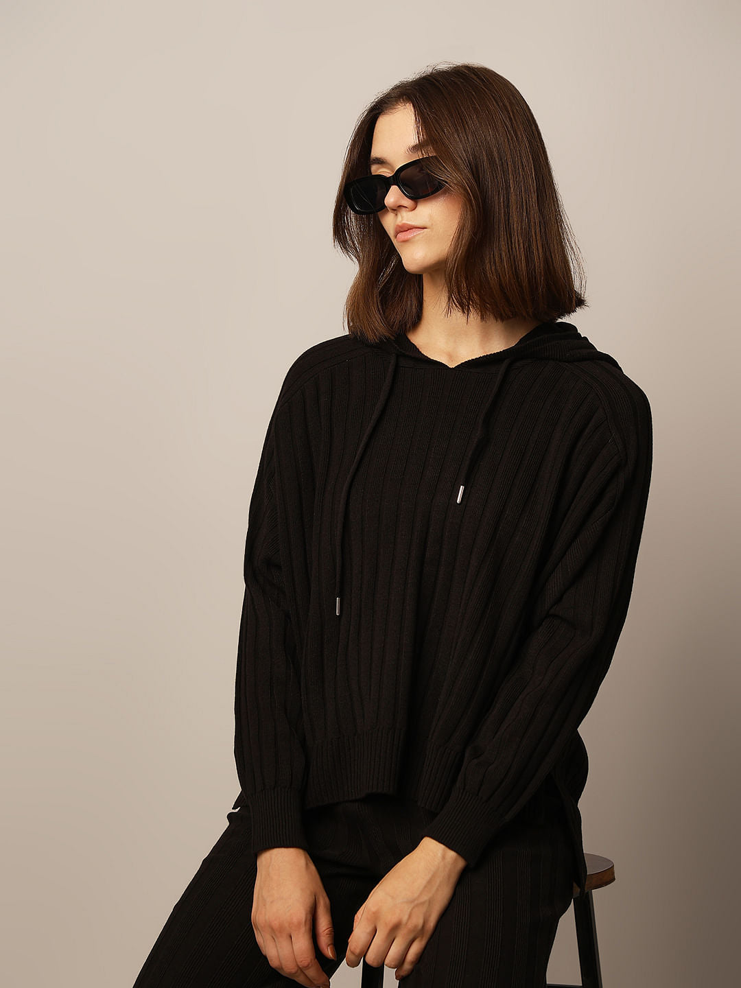 Black Rib-Knit Co-Ord Set Pullover