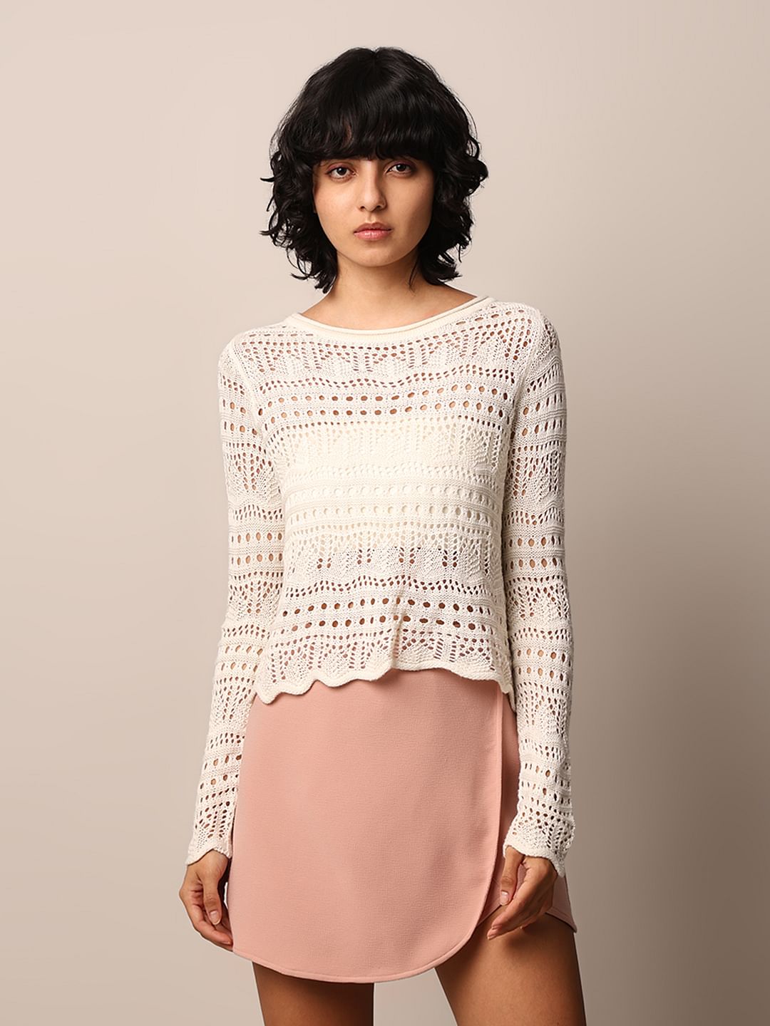 Cream Crochet Boatneck Pullover