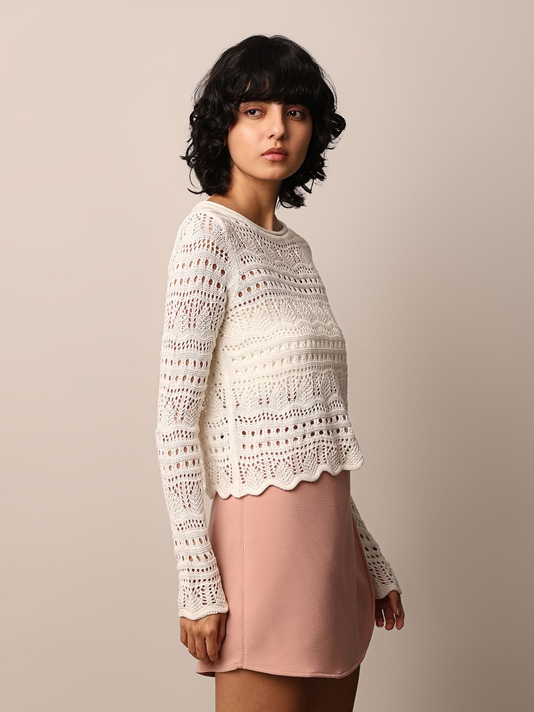 Cream Crochet Boatneck Pullover
