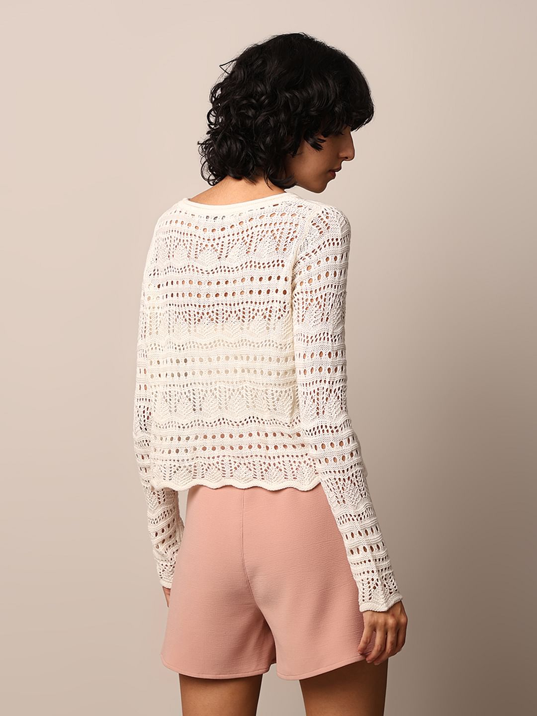 Cream Crochet Boatneck Pullover