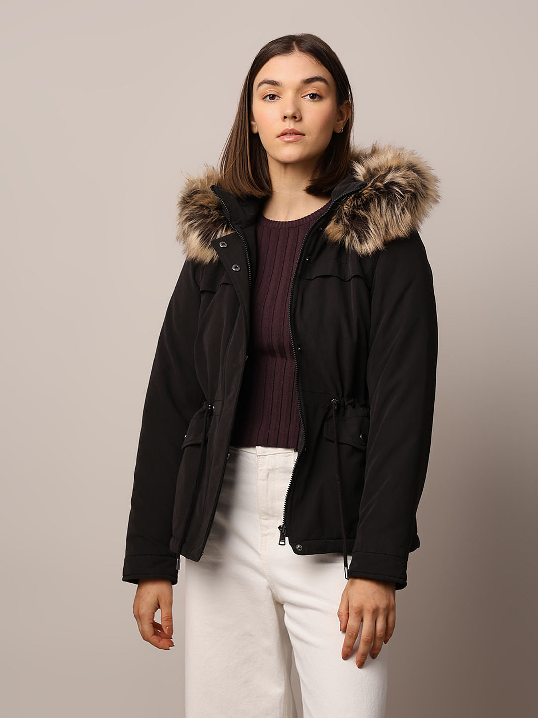 Black Faux Fur Parka Jacket
