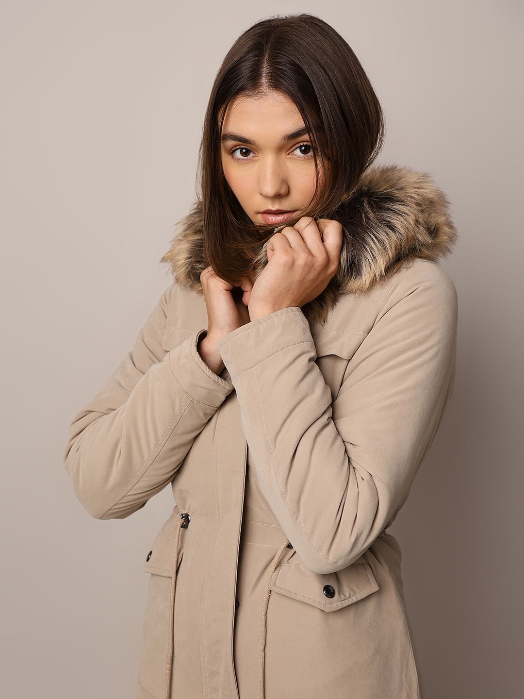 Brown Faux Fur Parka Jacket - Main Image