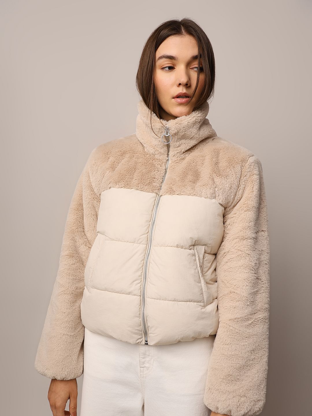 Beige Fur Mix Puffer Jacket