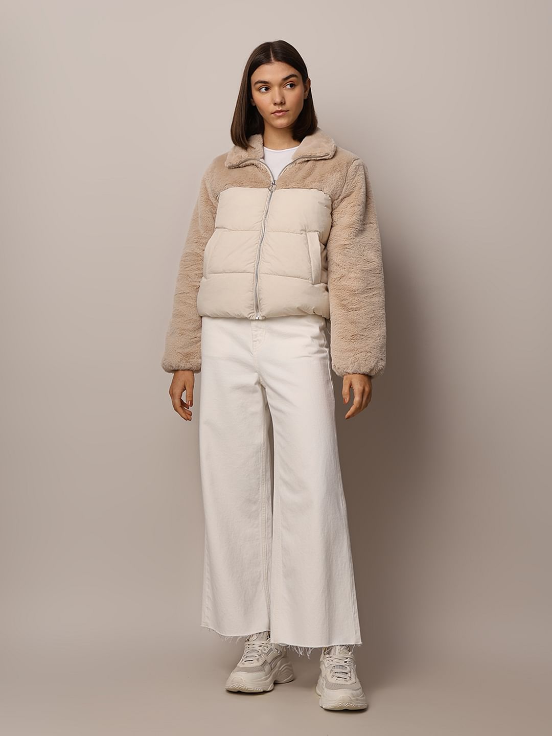 Beige Fur Mix Puffer Jacket