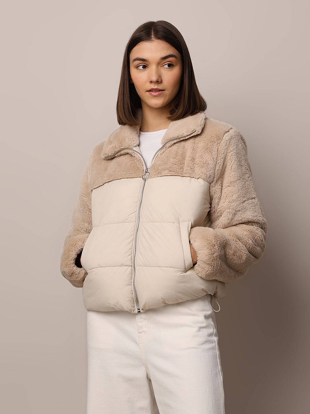 Beige Fur Mix Puffer Jacket