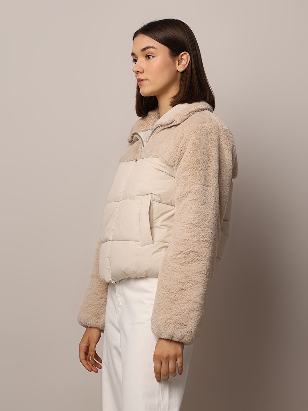 Beige Fur Mix Puffer Jacket