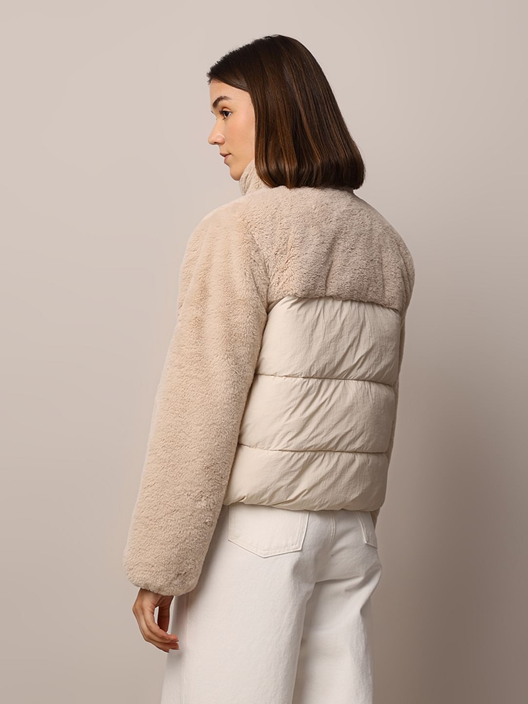 Beige Fur Mix Puffer Jacket