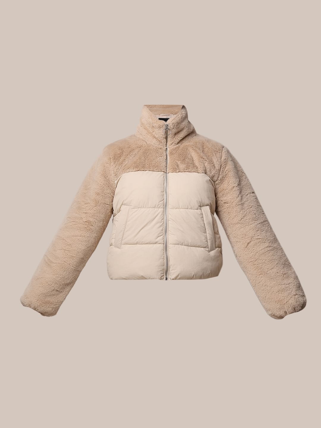 Beige Fur Mix Puffer Jacket