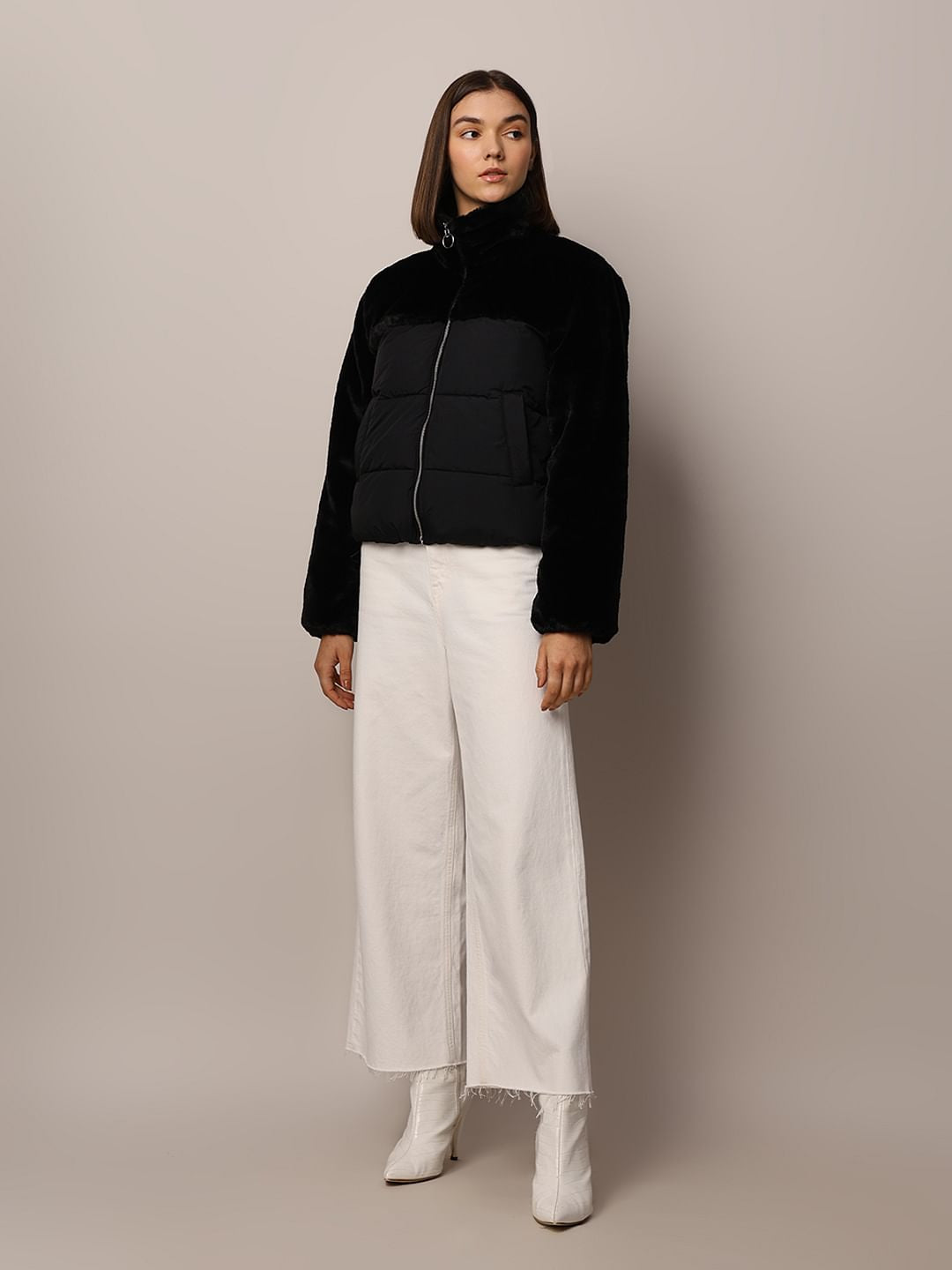 Black Fur Mix Puffer Jacket