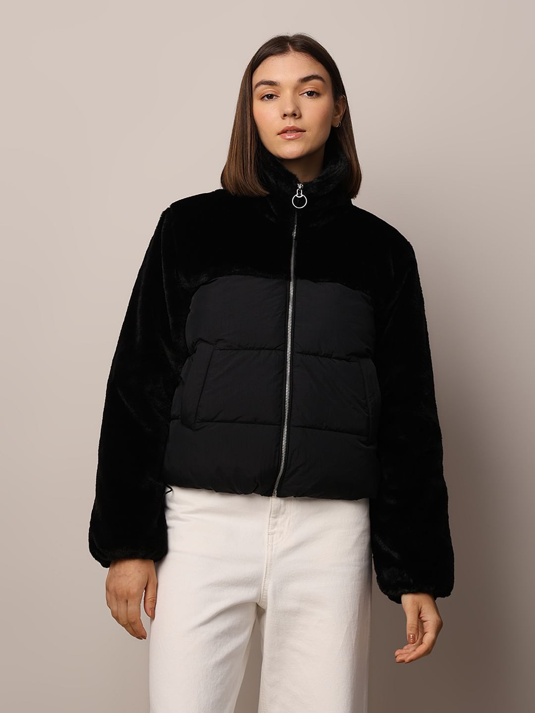 Black Fur Mix Puffer Jacket