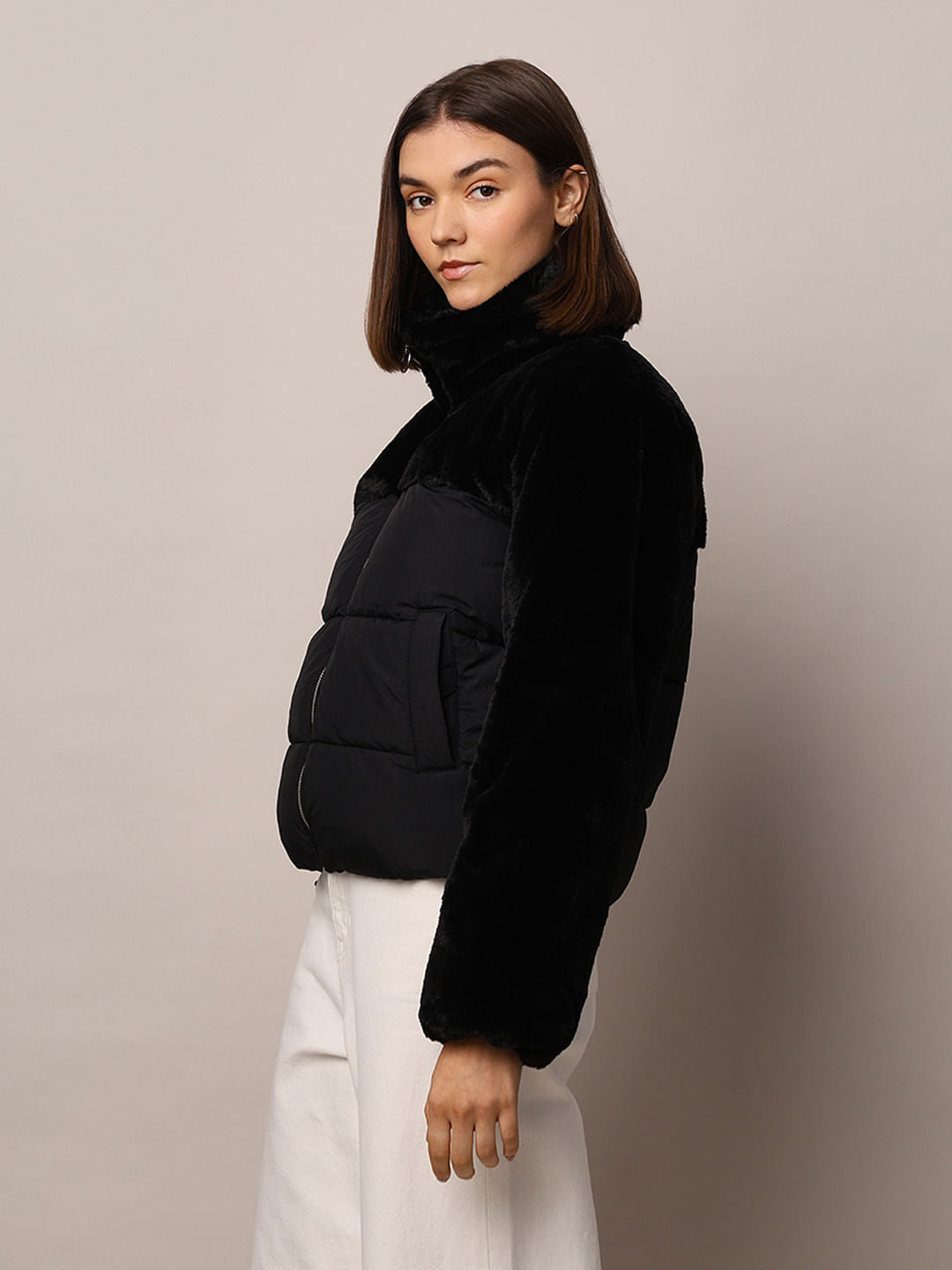 Black Fur Mix Puffer Jacket