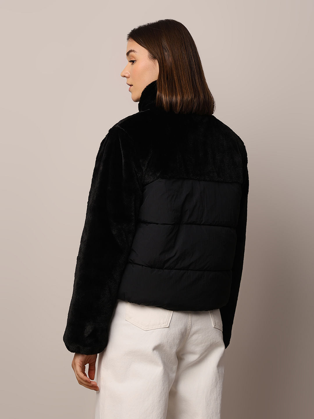 Black Fur Mix Puffer Jacket