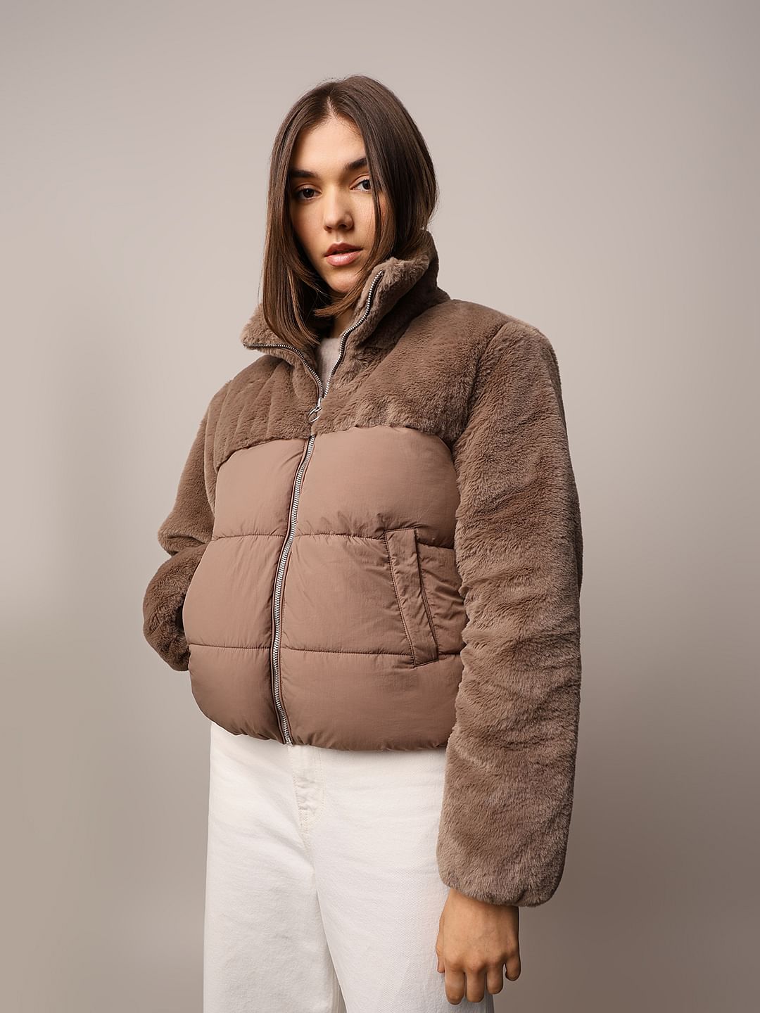 Brown Fur Mix Puffer Jacket