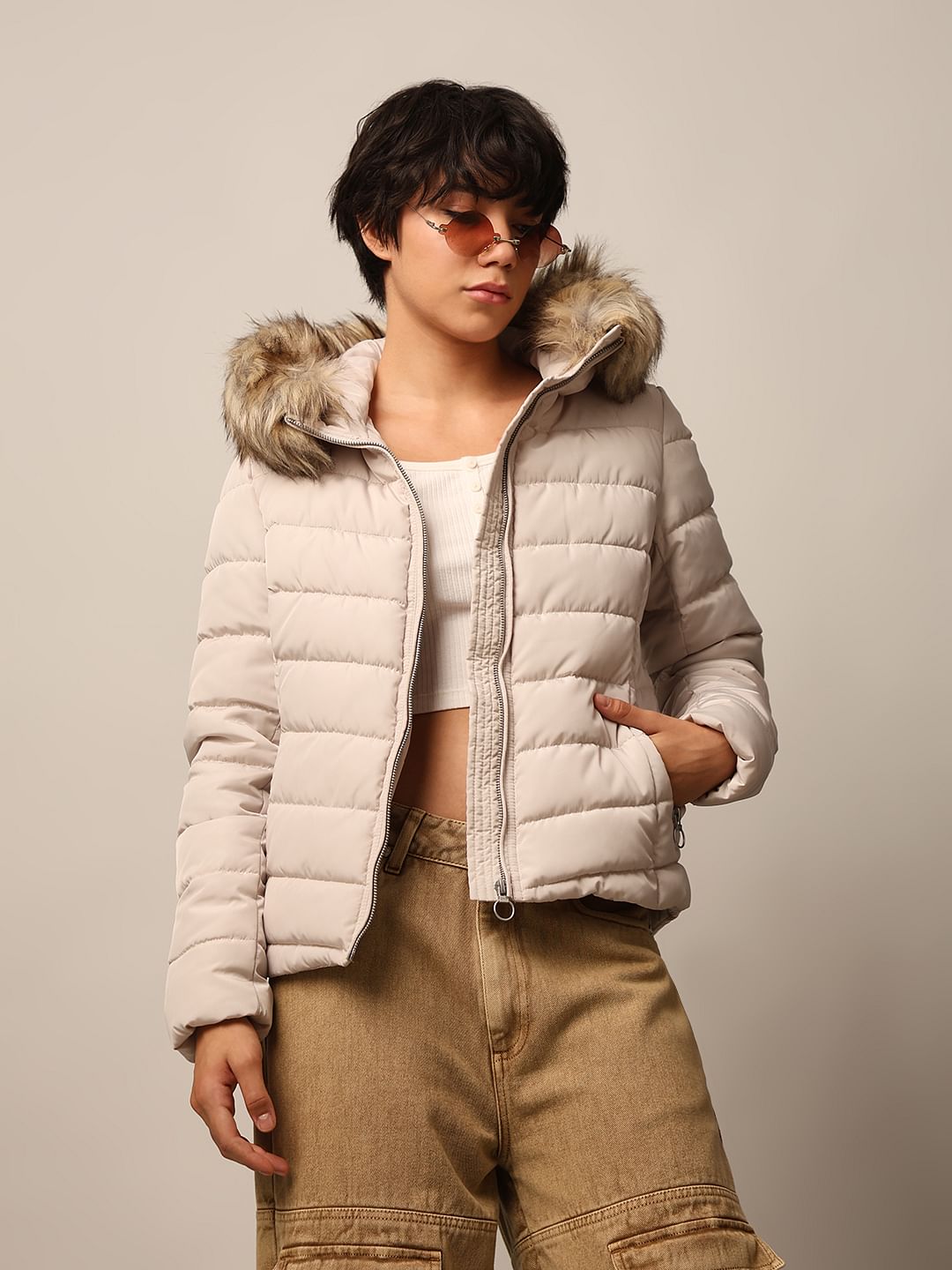 Beige Quilted Hooded Puffer Jacket - Main Image