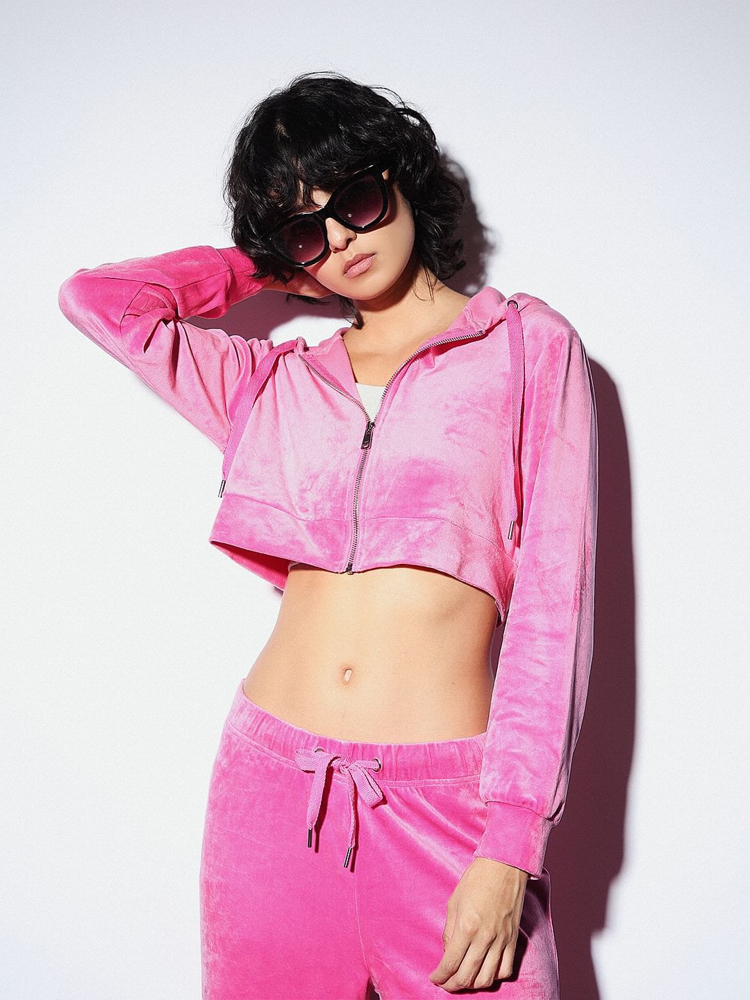 Pink Cropped Co-Ord Set Velour Hoodie