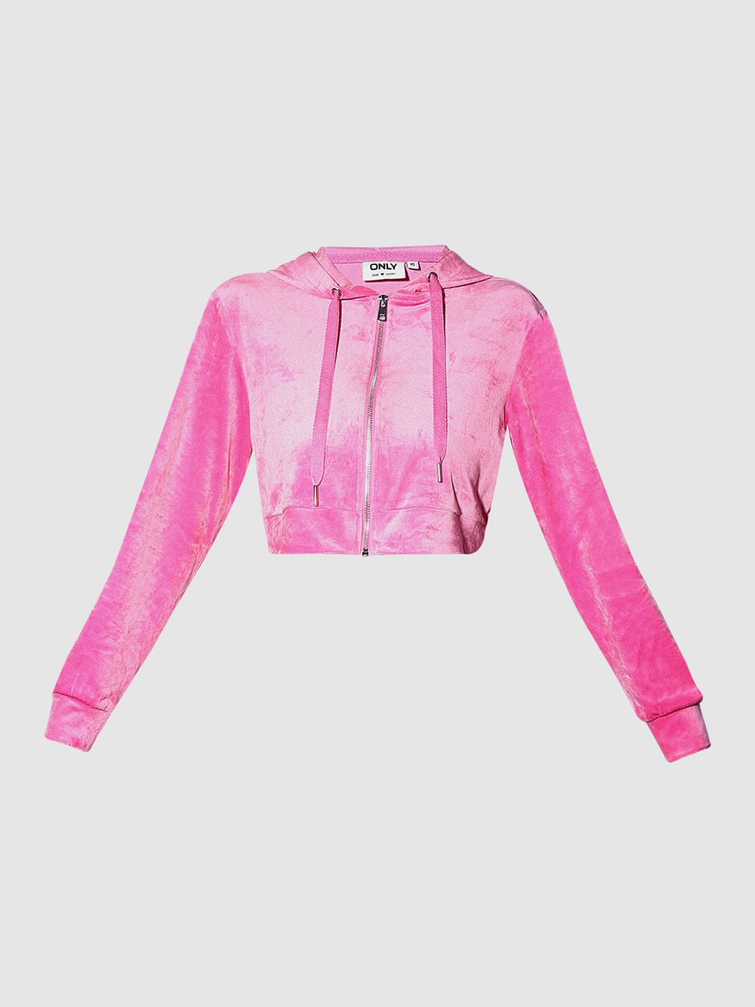Pink Cropped Co-Ord Set Velour Hoodie