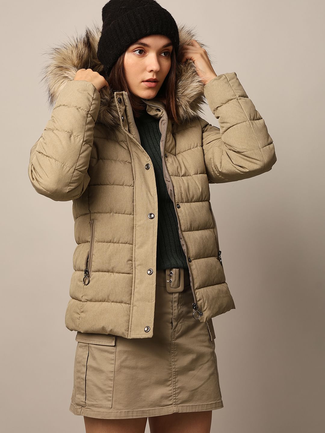 Brown Fur Trim Quilted Jacket