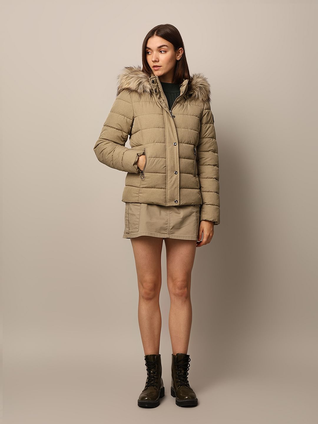 Brown Fur Trim Quilted Jacket