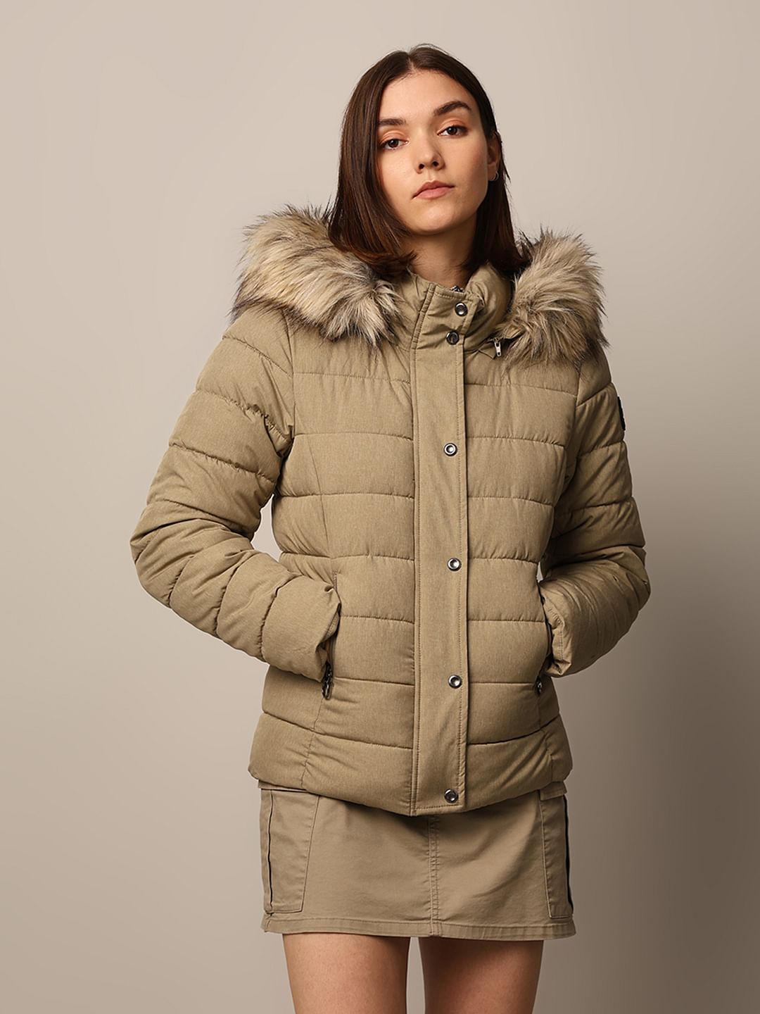 Brown Fur Trim Quilted Jacket