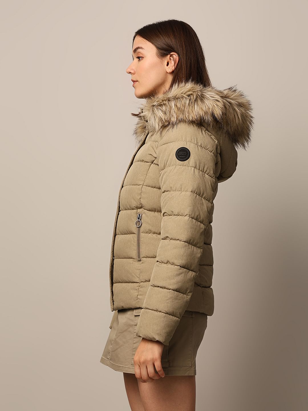 Brown Fur Trim Quilted Jacket
