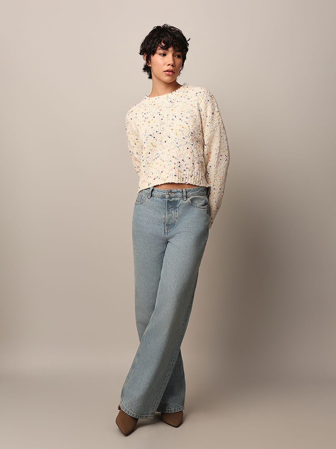 White Textured Cropped Pullover