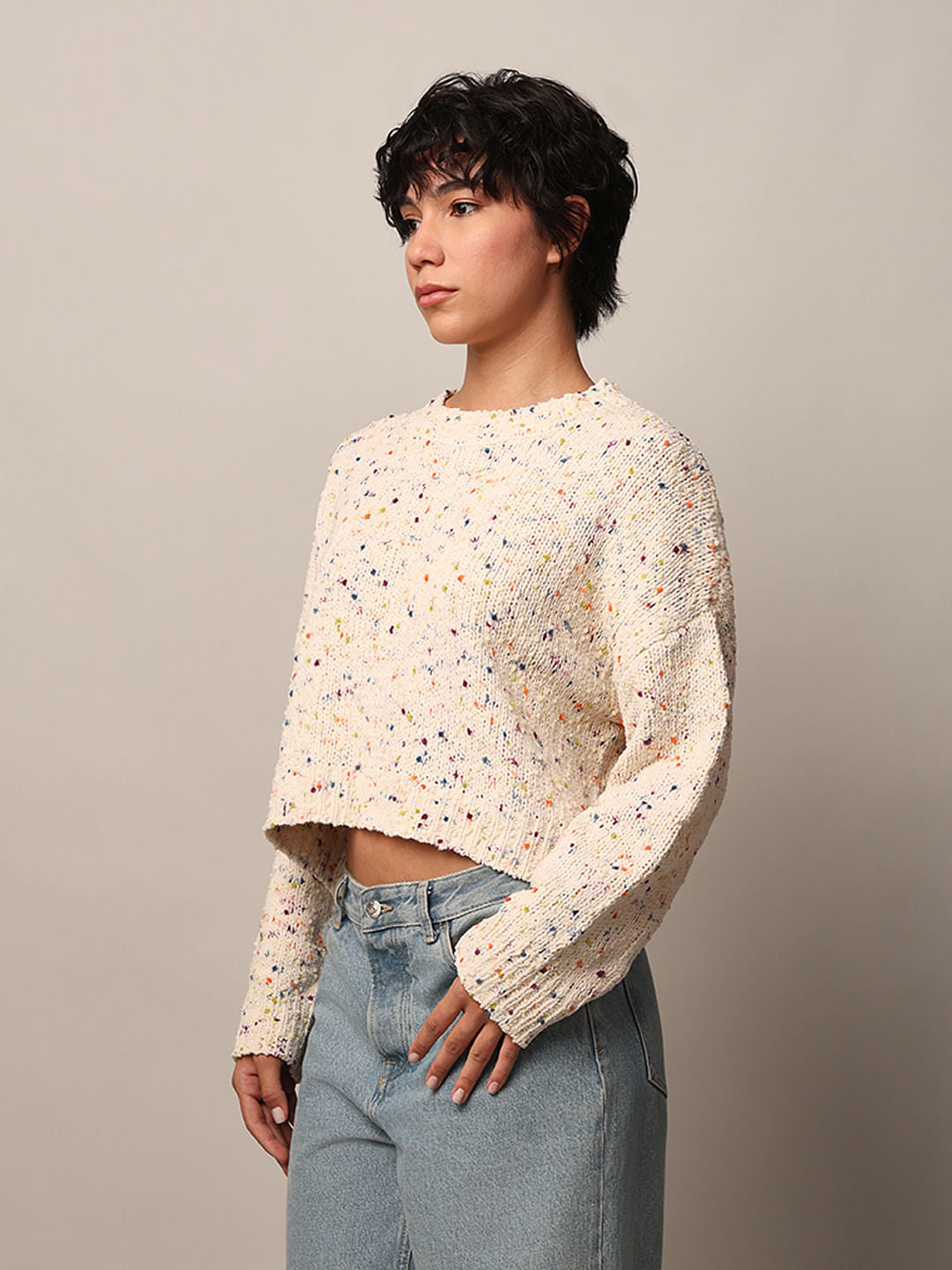White Textured Cropped Pullover