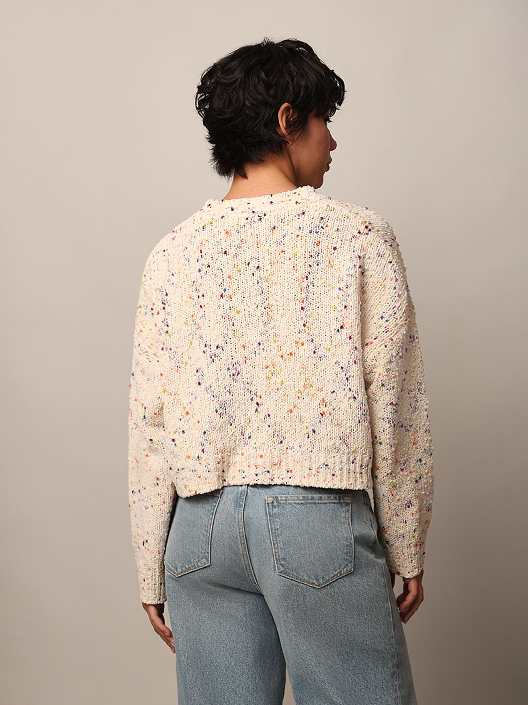 White Textured Cropped Pullover