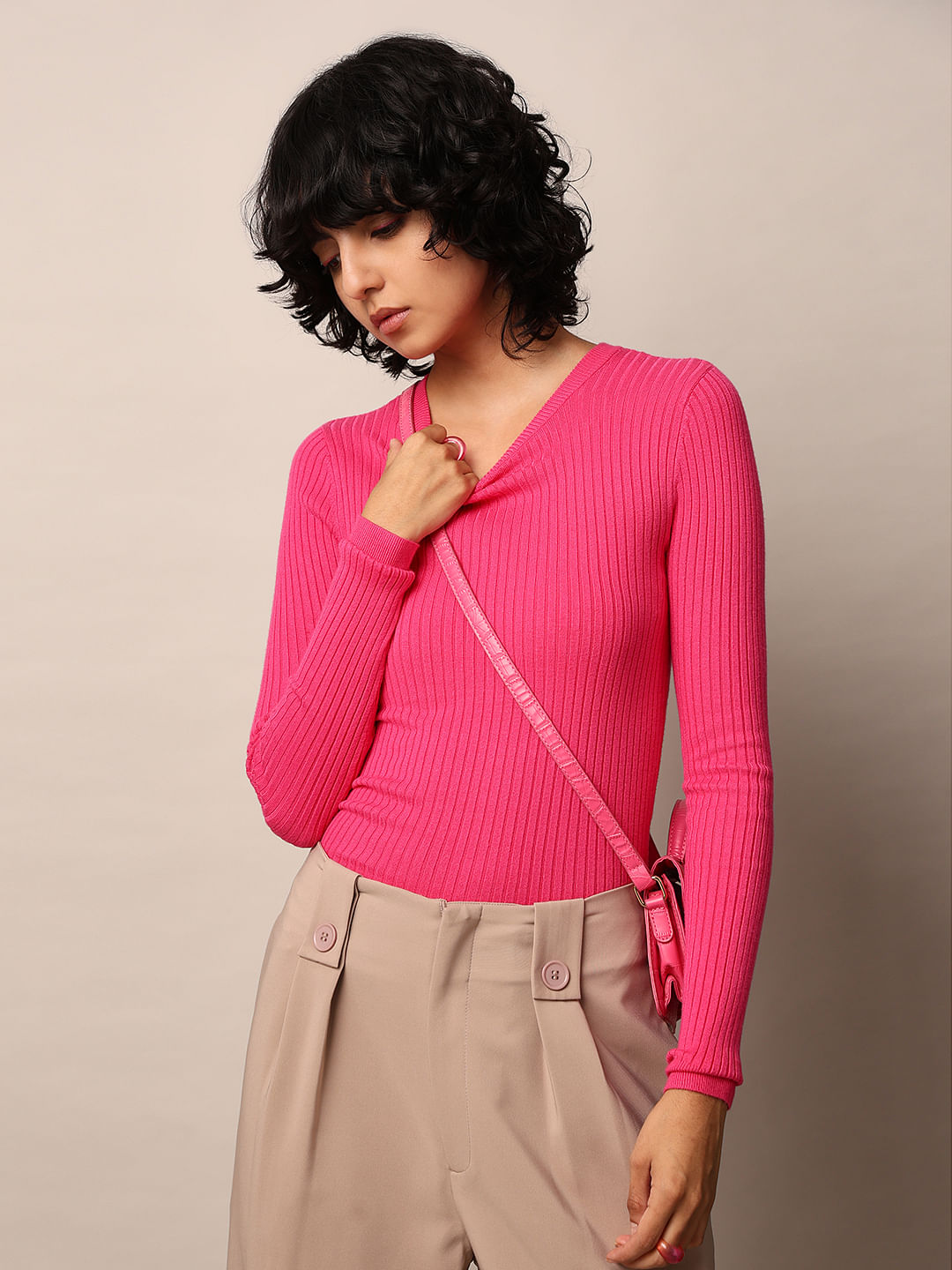 Fuchsia Rib-Knit Fitted Pullover