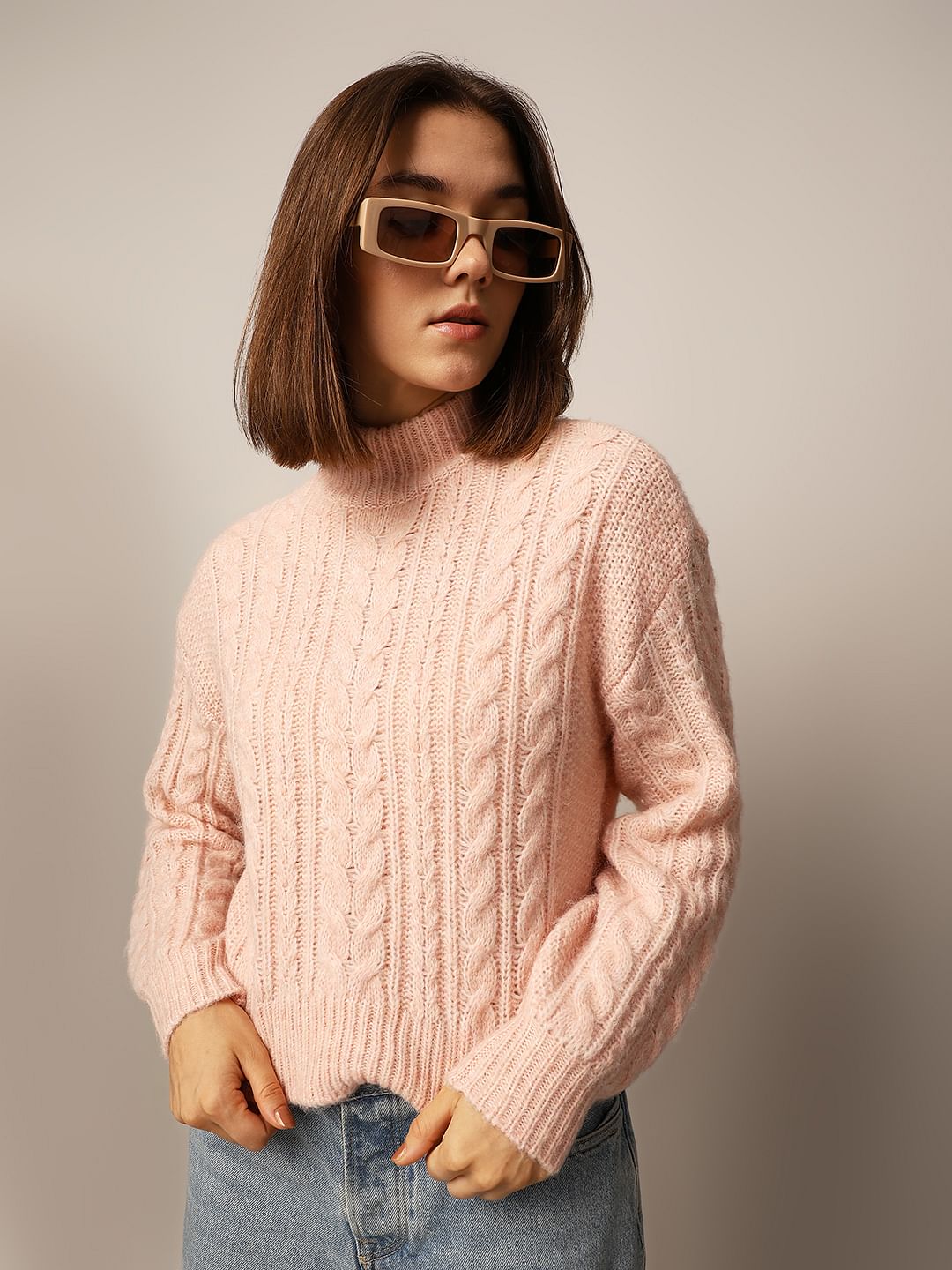 Pink Cable Knit High Neck Pullover