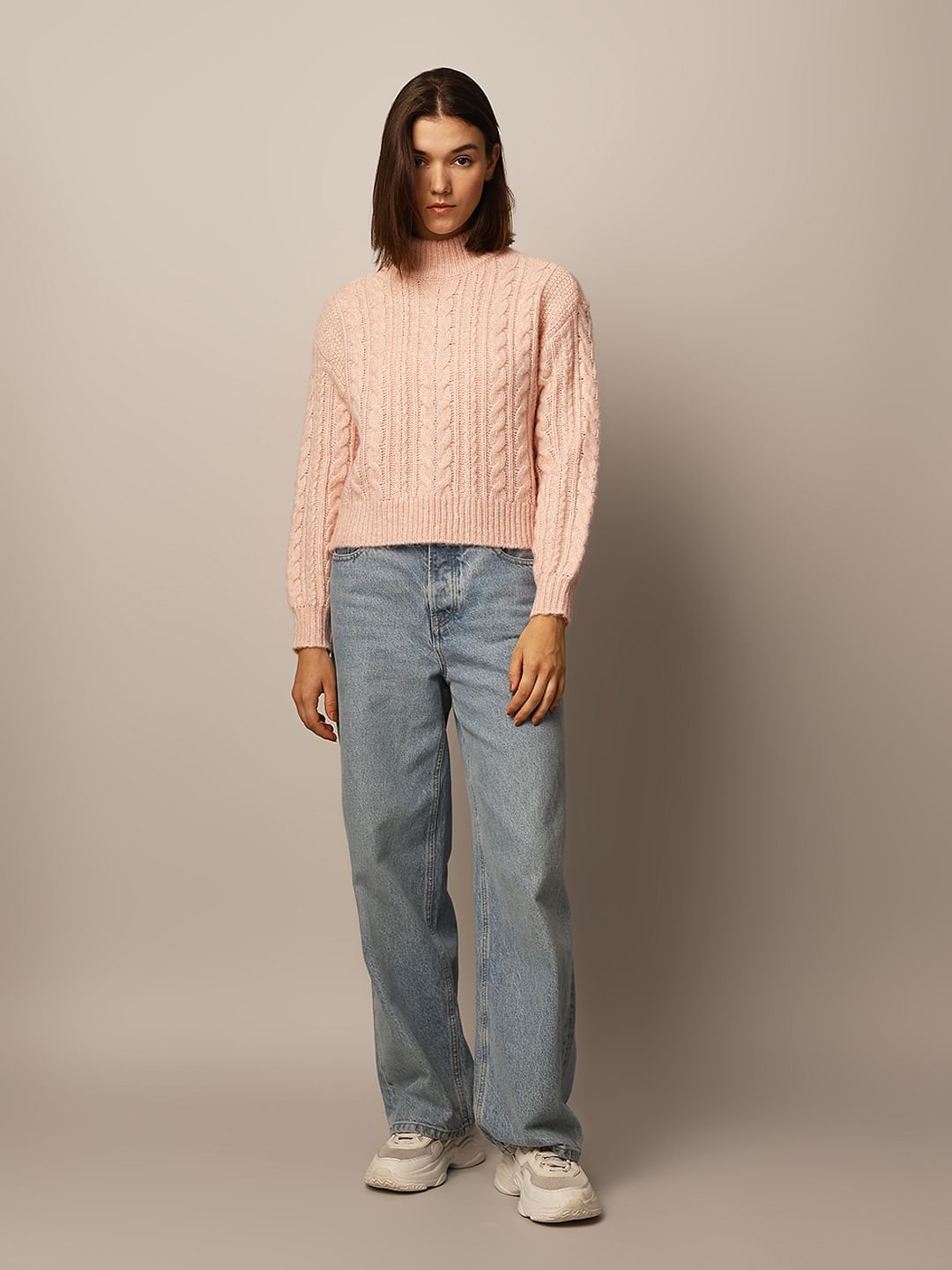 Pink Cable Knit High Neck Pullover