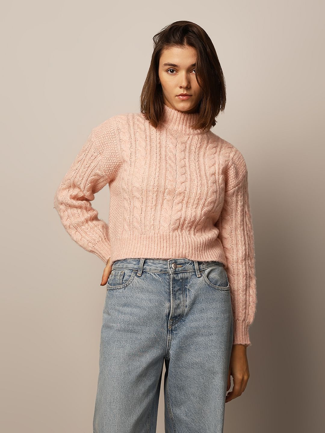 Pink Cable Knit High Neck Pullover