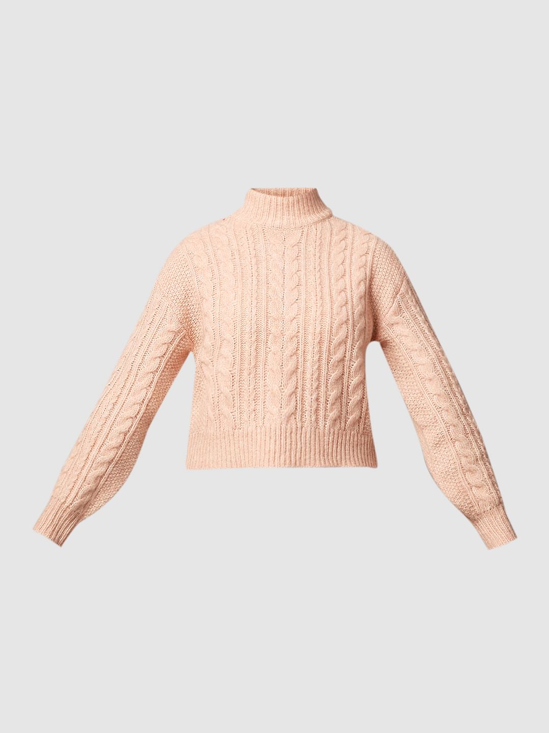 Pink Cable Knit High Neck Pullover