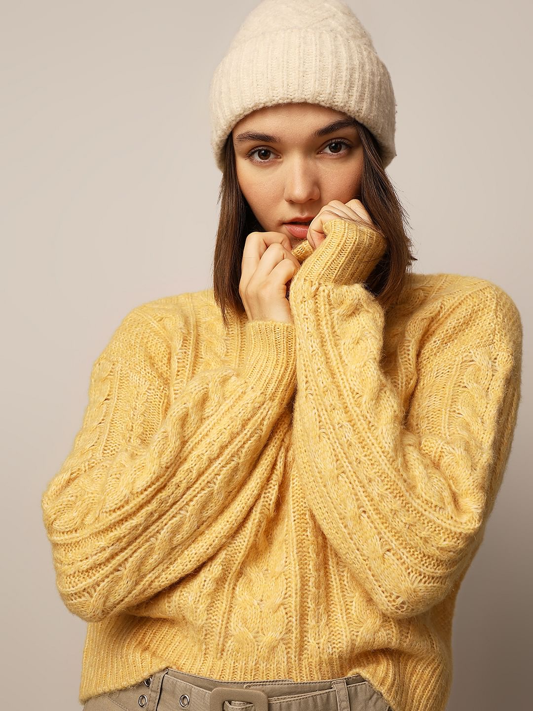 Yellow Cable Knit High Neck Pullover - Main Image