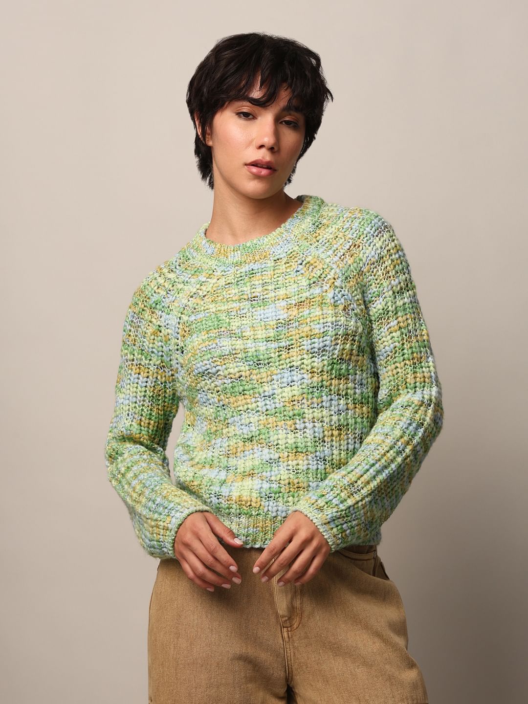 Green Textured Knit Pullover