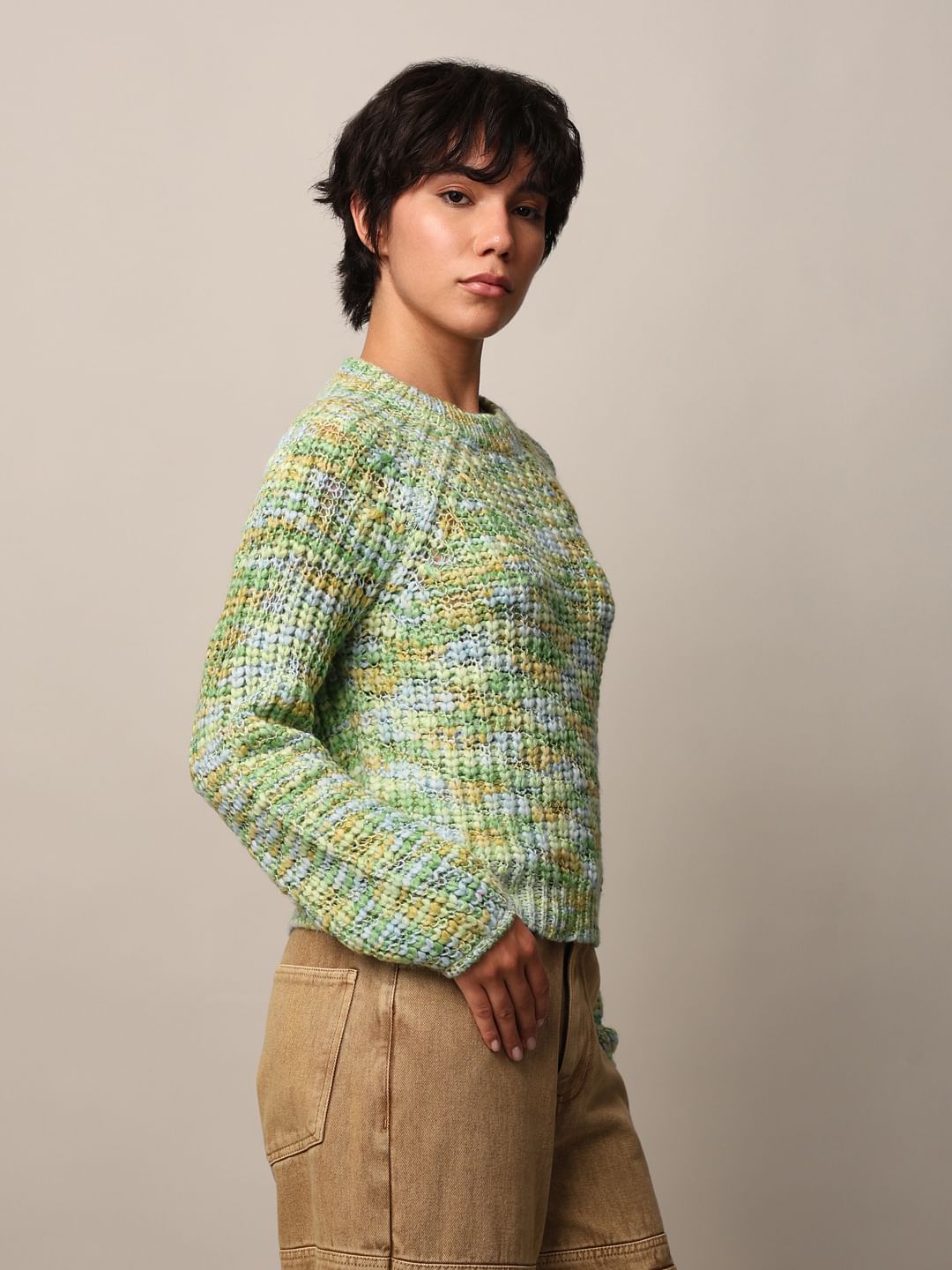 Green Textured Knit Pullover