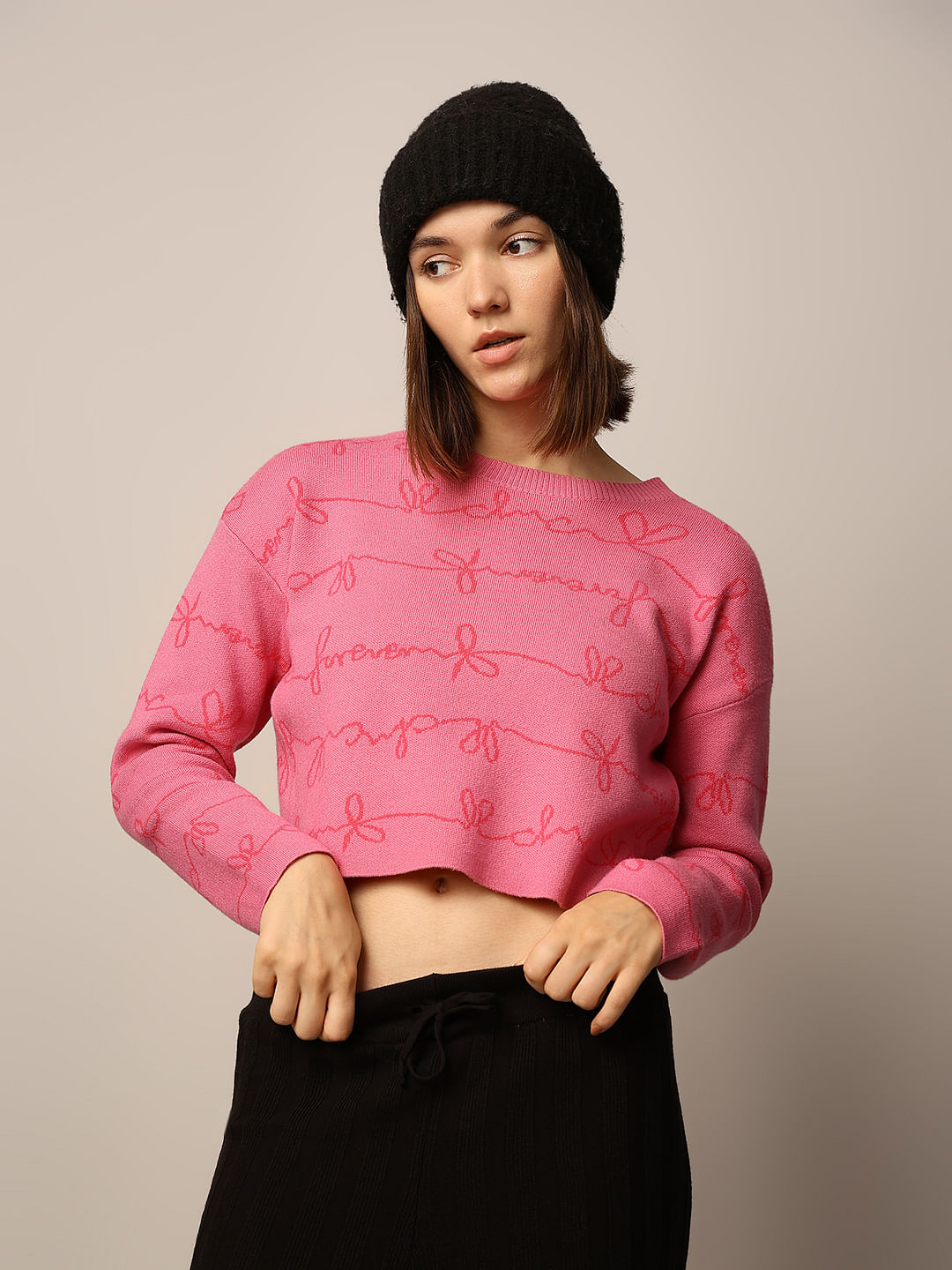 Pink Printed Cropped Pullover