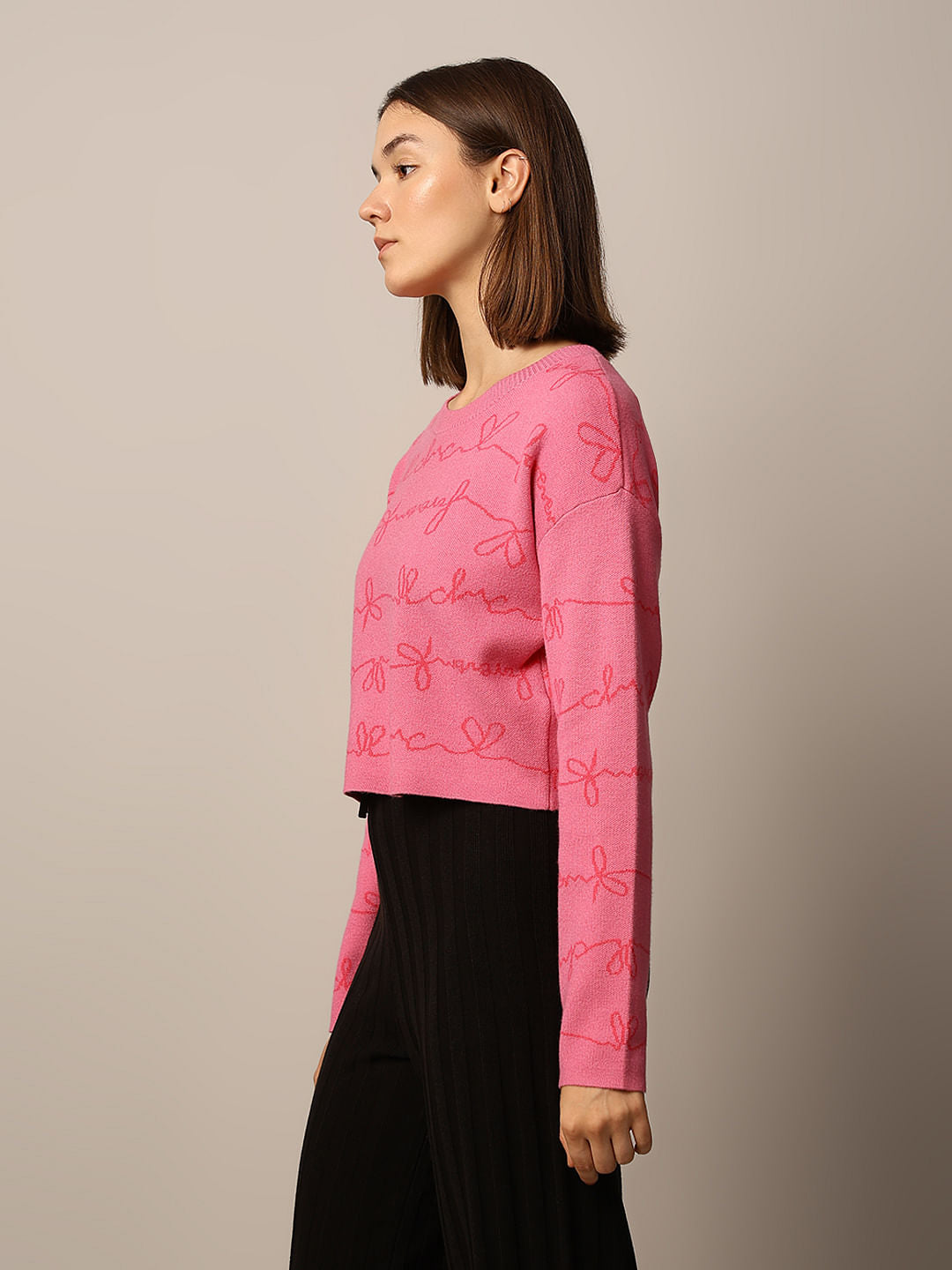 Pink Printed Cropped Pullover