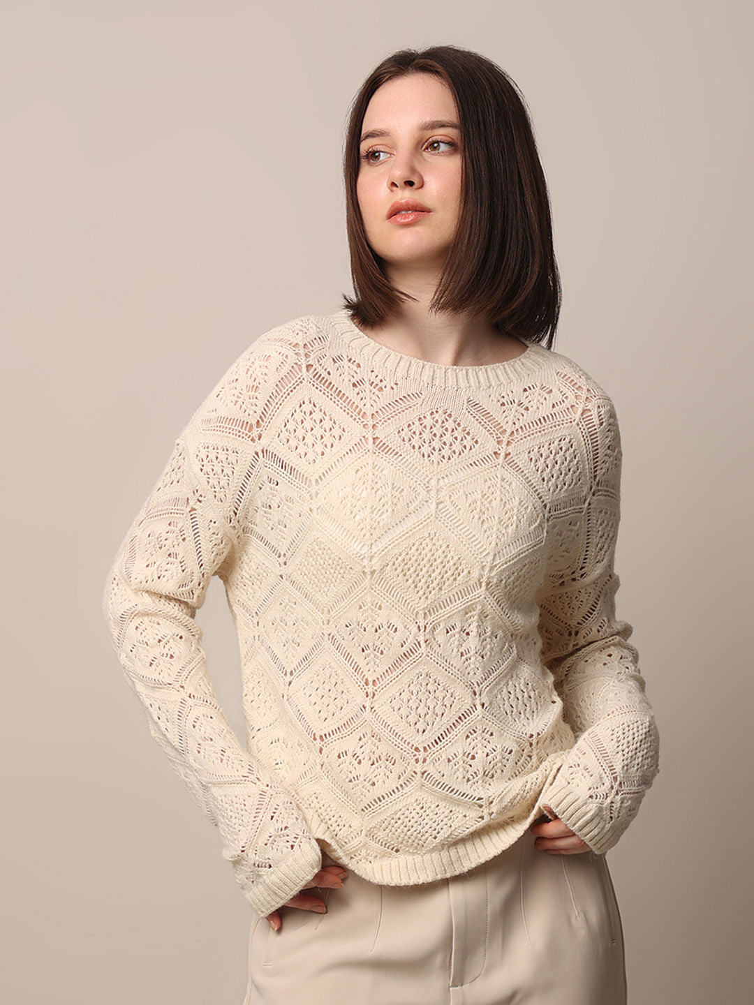 Beige Crochet Knit Pullover