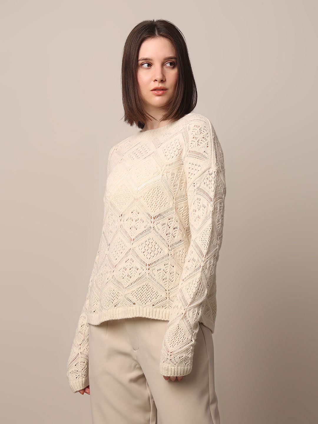 Beige Crochet Knit Pullover
