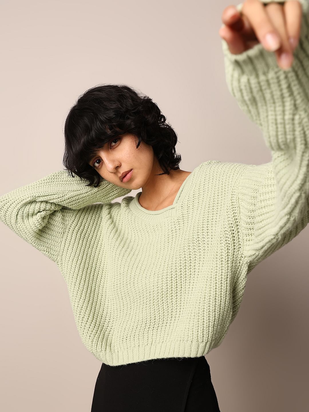 Green Asymmetric Neck Oversized Pullover