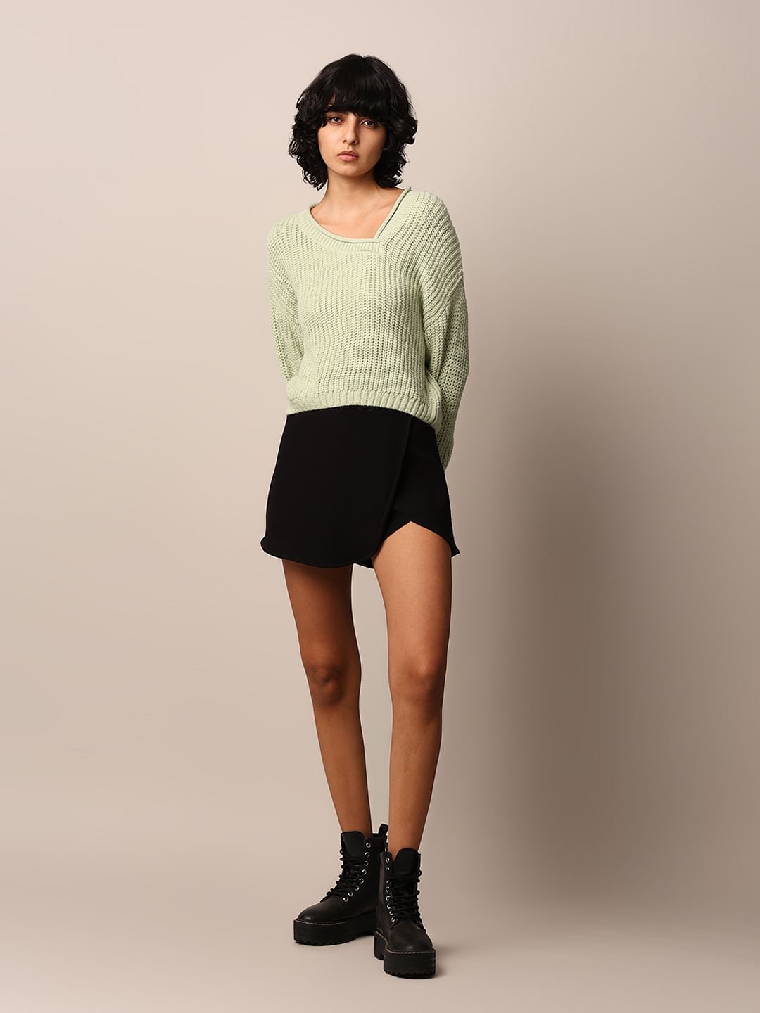 Green Asymmetric Neck Oversized Pullover