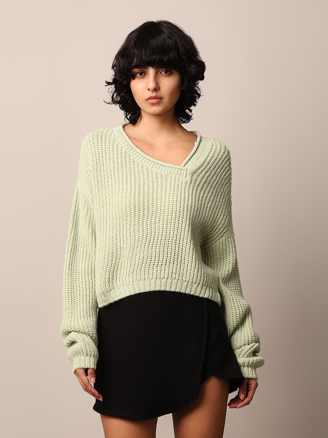 Green Asymmetric Neck Oversized Pullover